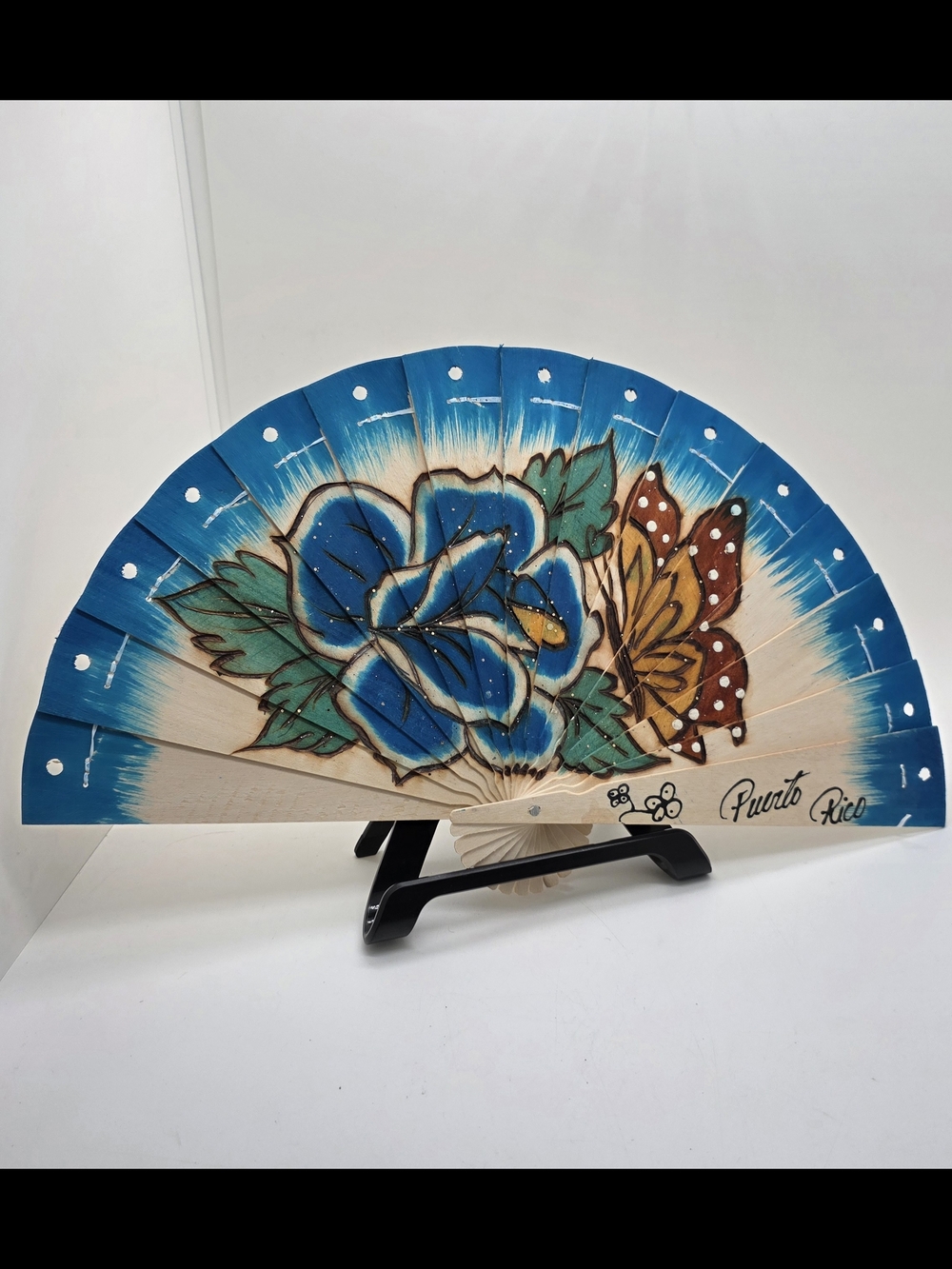 Hand-Painted Wooden Folding Han Fan Puerto Rico Printed On It